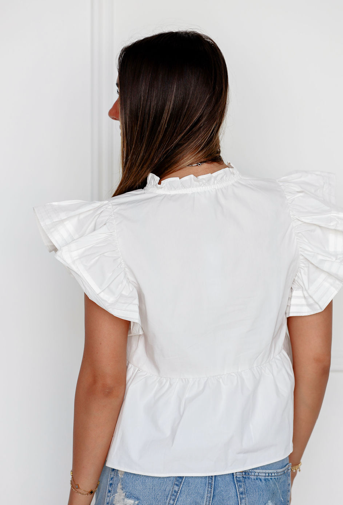 Poplin Ruffle Sleeve Blouse White