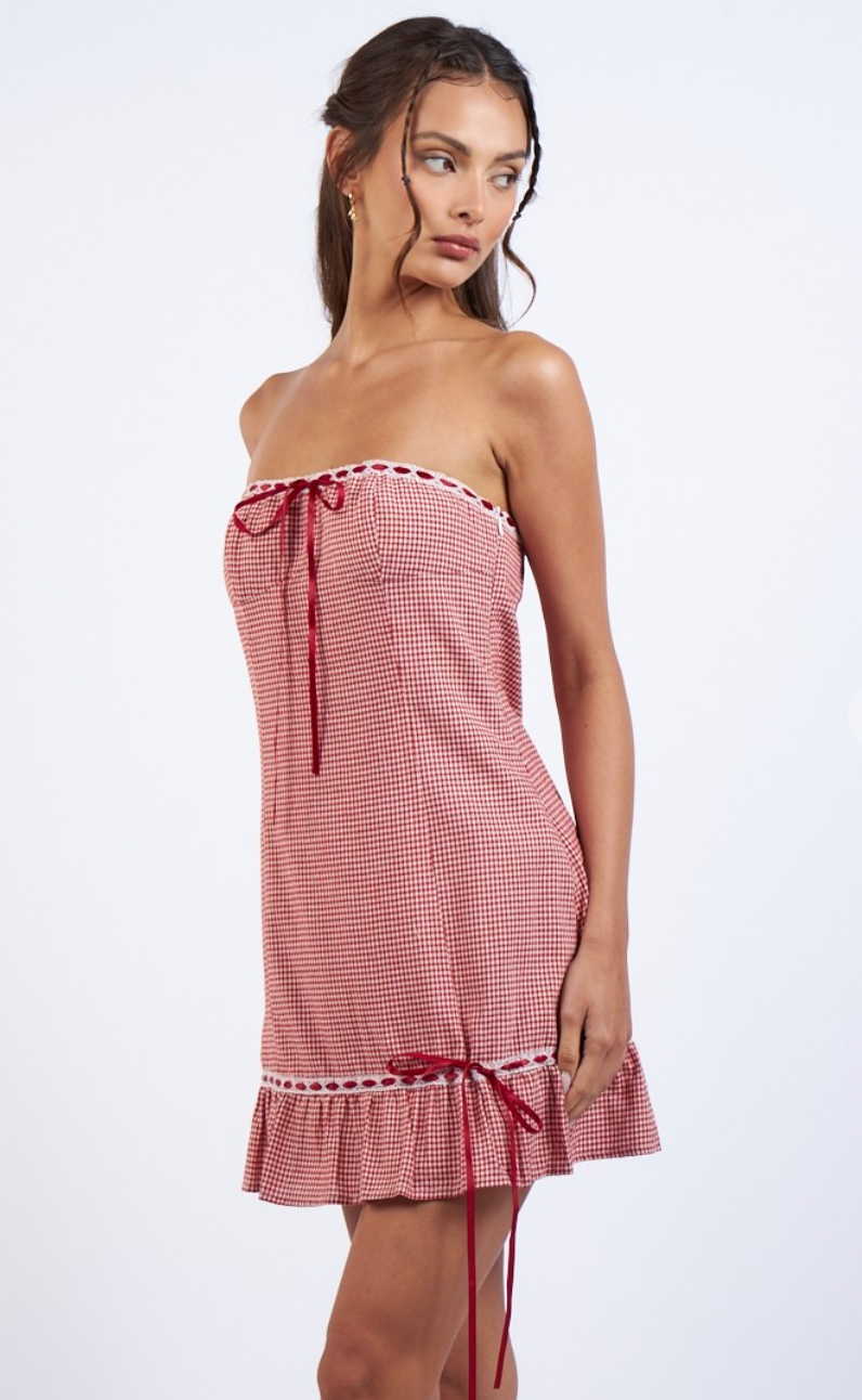 Lilliana Checker Strapless Dress Red