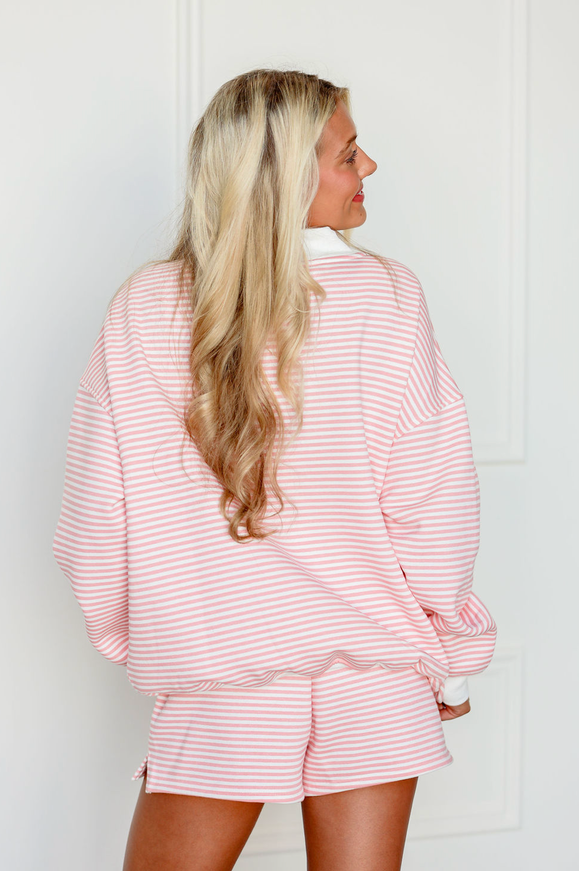 Pink/White Stripe Mock Neck Pullover