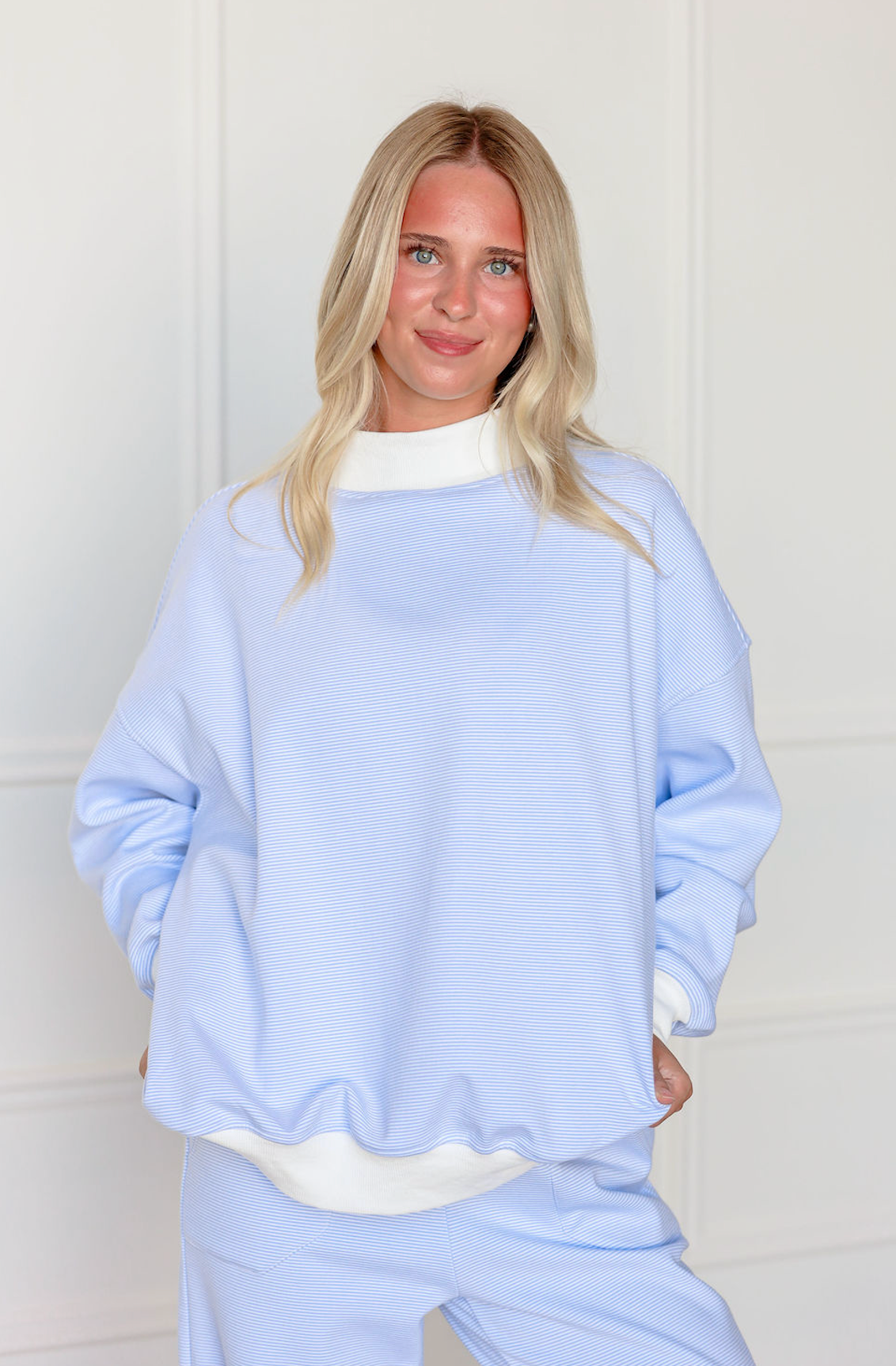 Blue/White Stripe Mock Neck Pullover