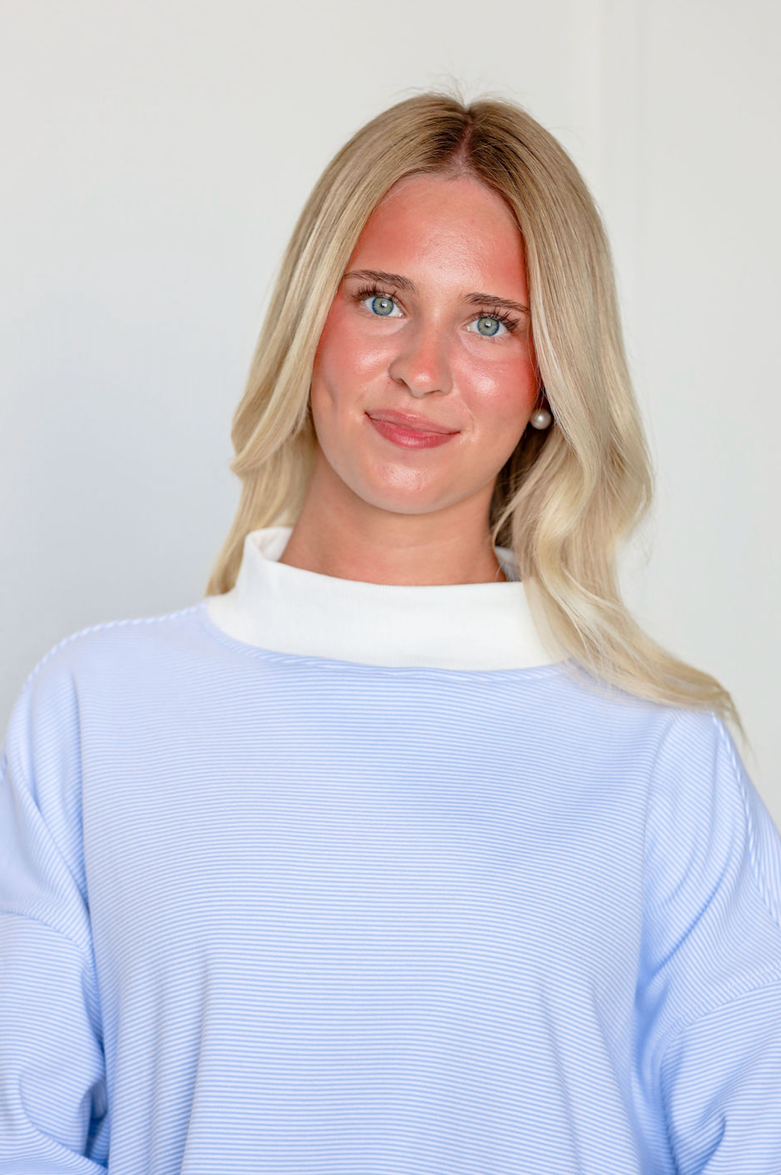 Blue/White Stripe Mock Neck Pullover