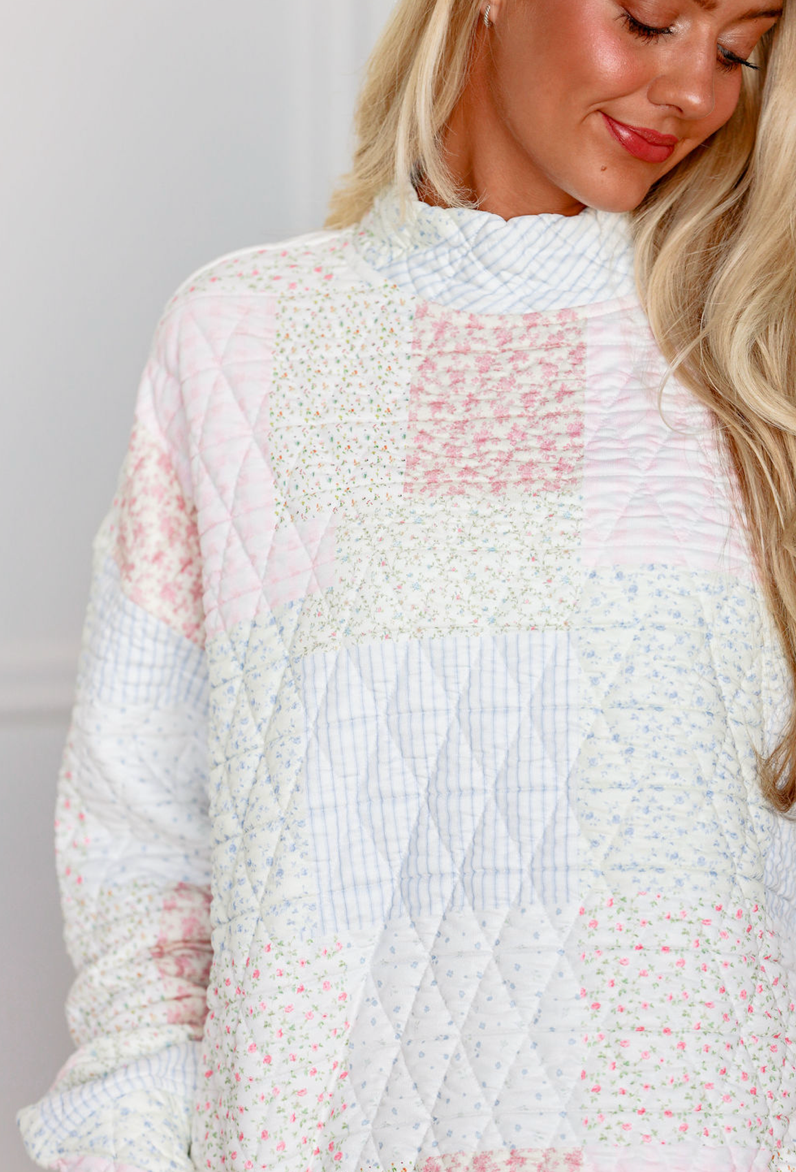 Floral Quilted Patchwork Mock Crew
