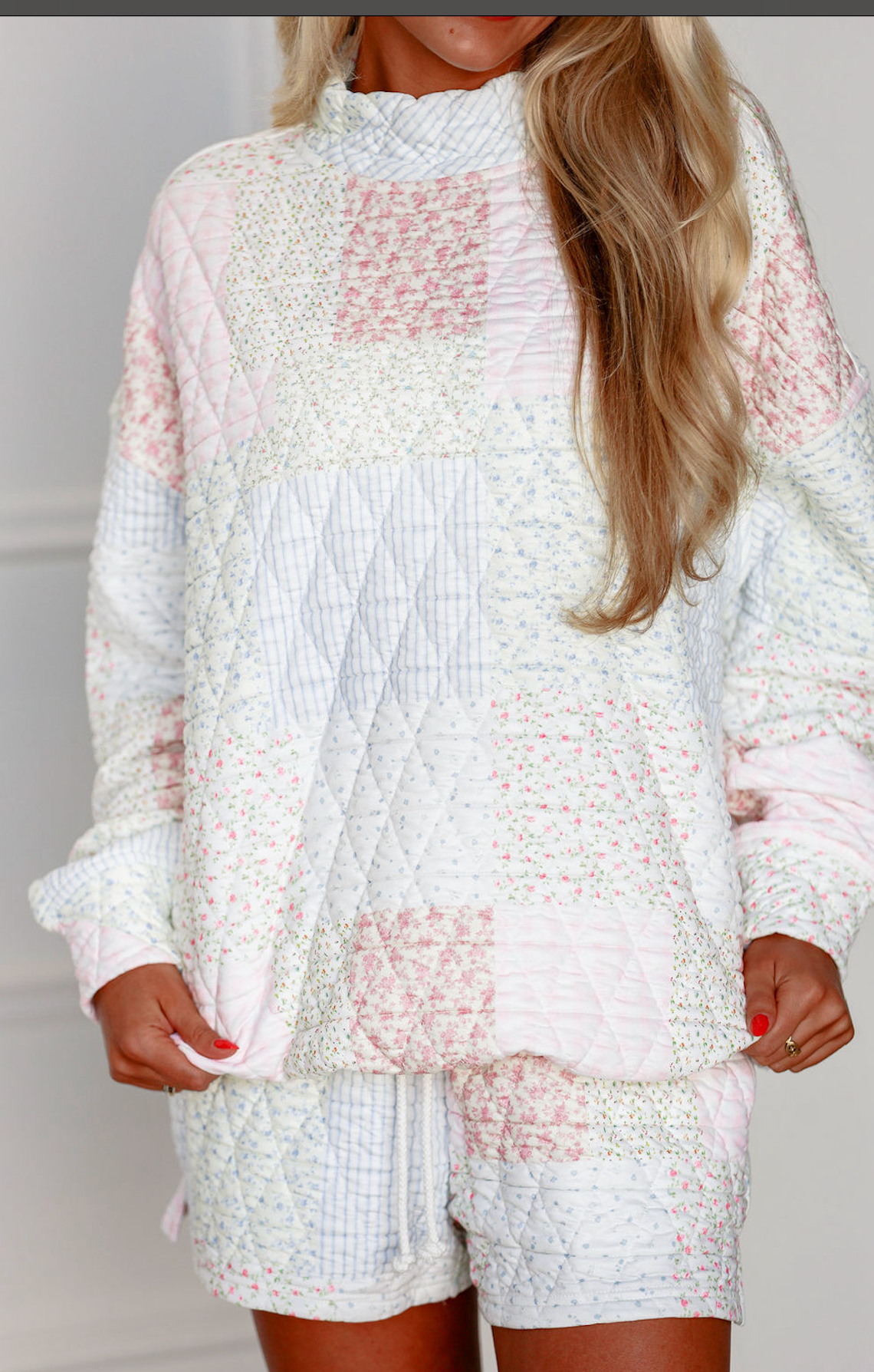 Floral Quilted Patchwork Mock Crew