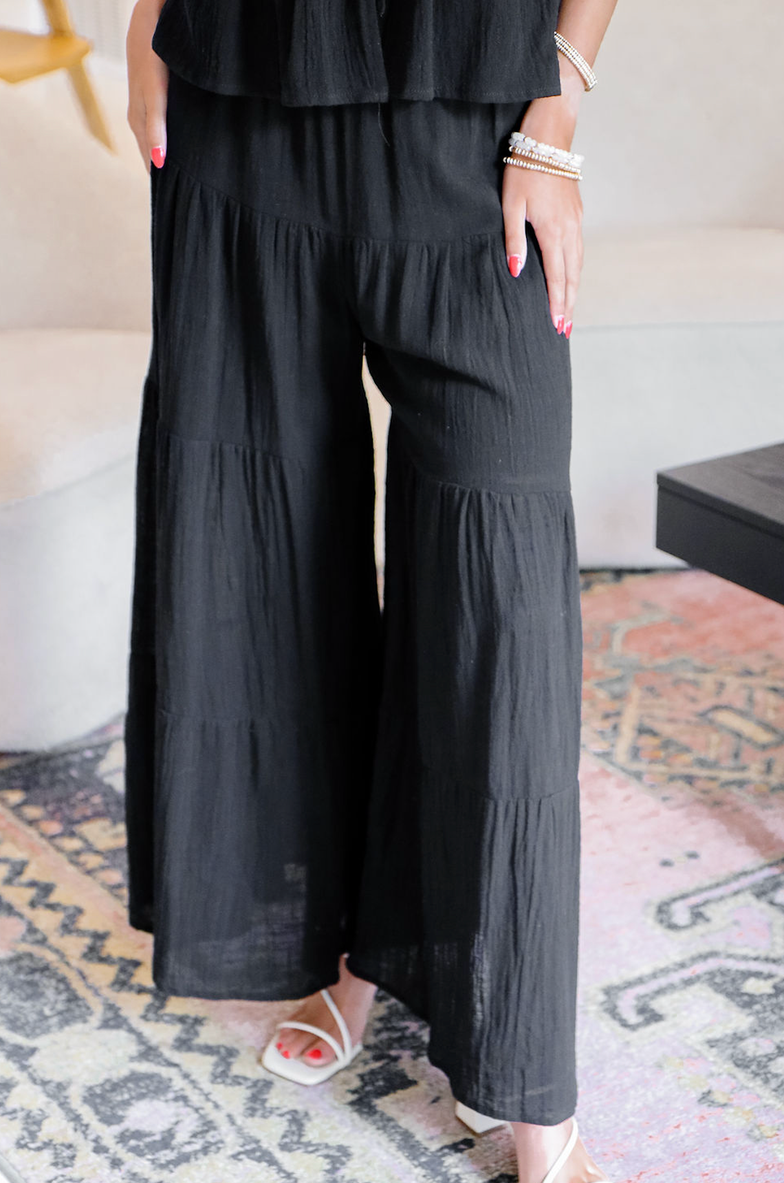 Black Gauze Top & Flare Pants Set of 2