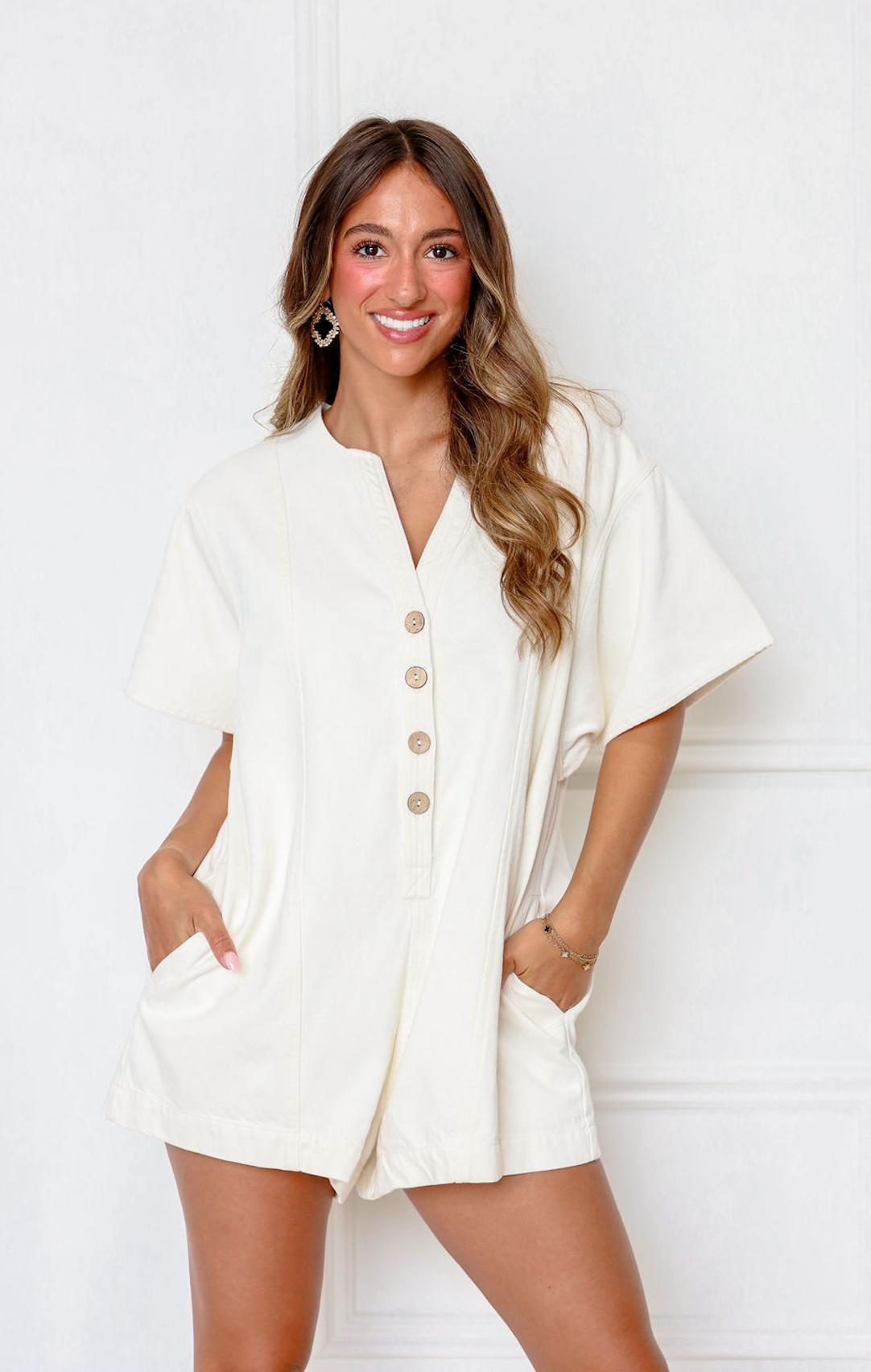 Dori Button Cotton Romper Ivory