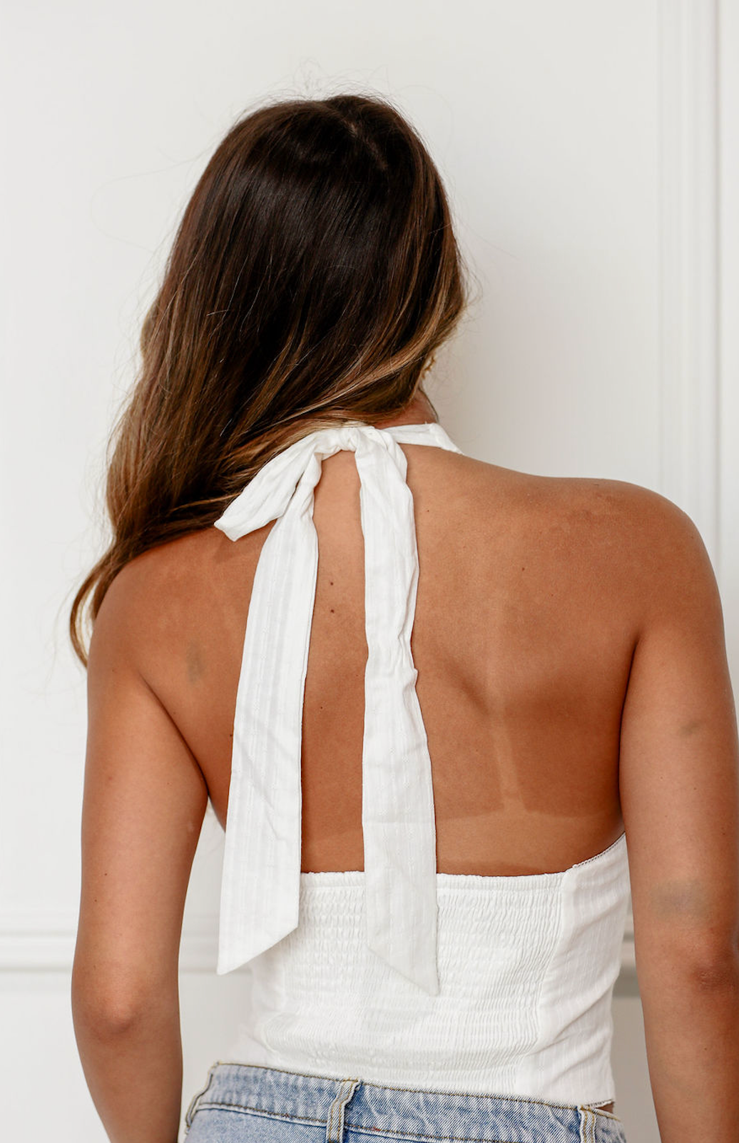 Lace Halter Button Top White
