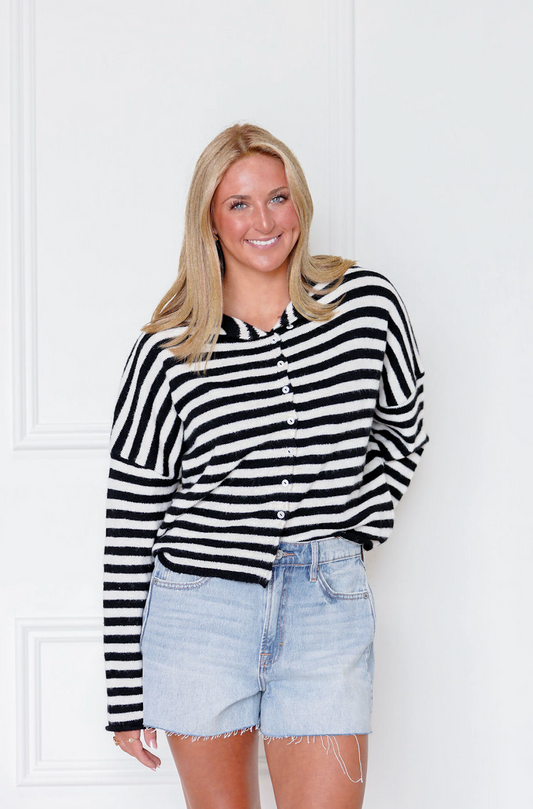 Striped Button Down Cardigan Ivory/Black