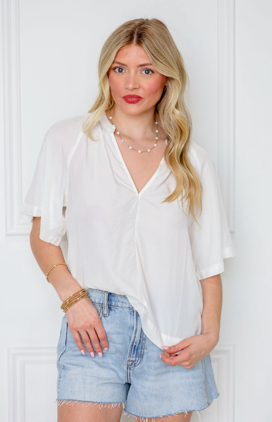 White Tencel V-neck Top
