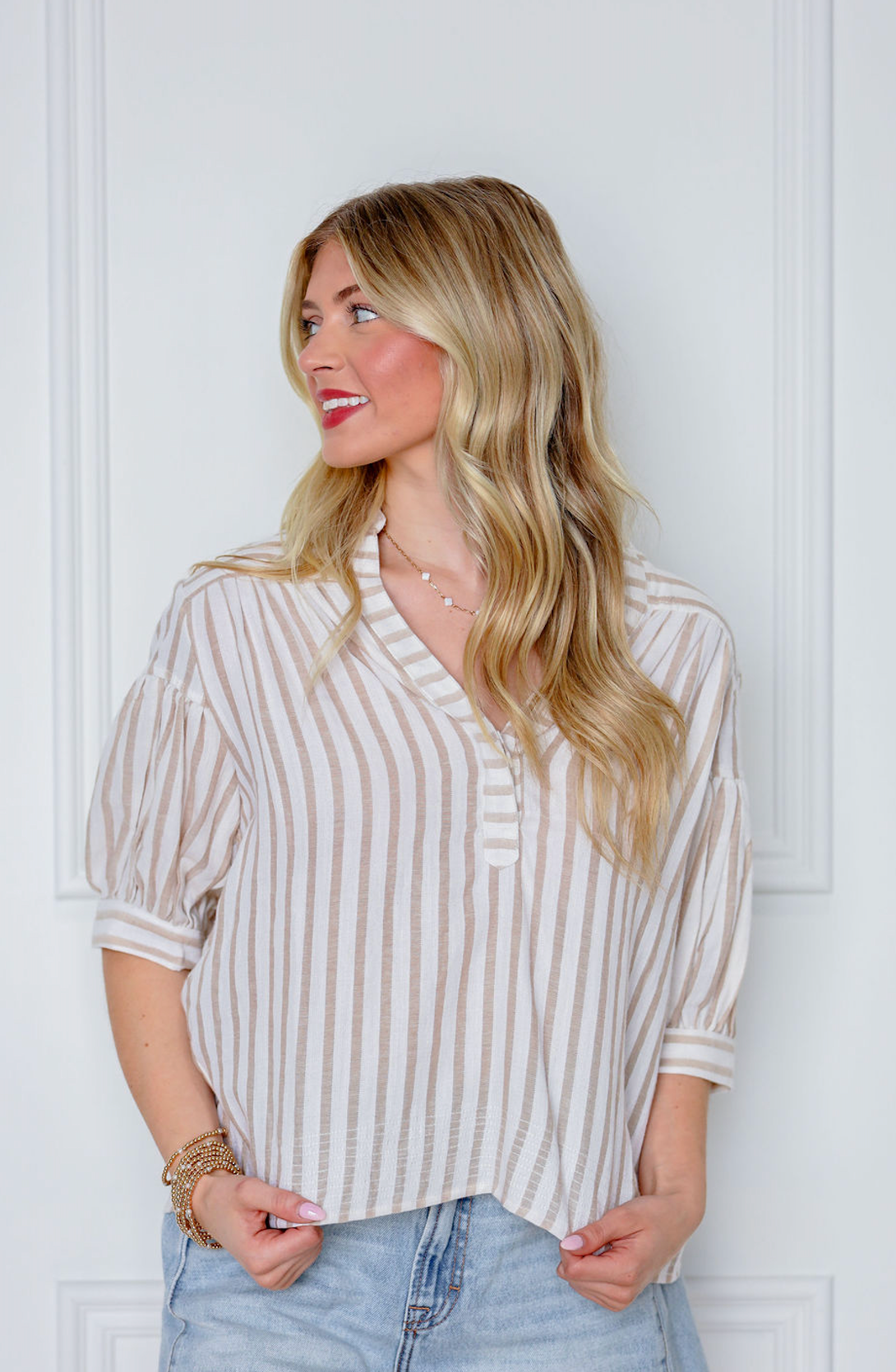 Taupe Stripe Short Sleeve Blouse