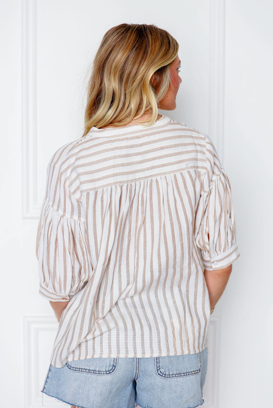 Taupe Stripe Short Sleeve Blouse