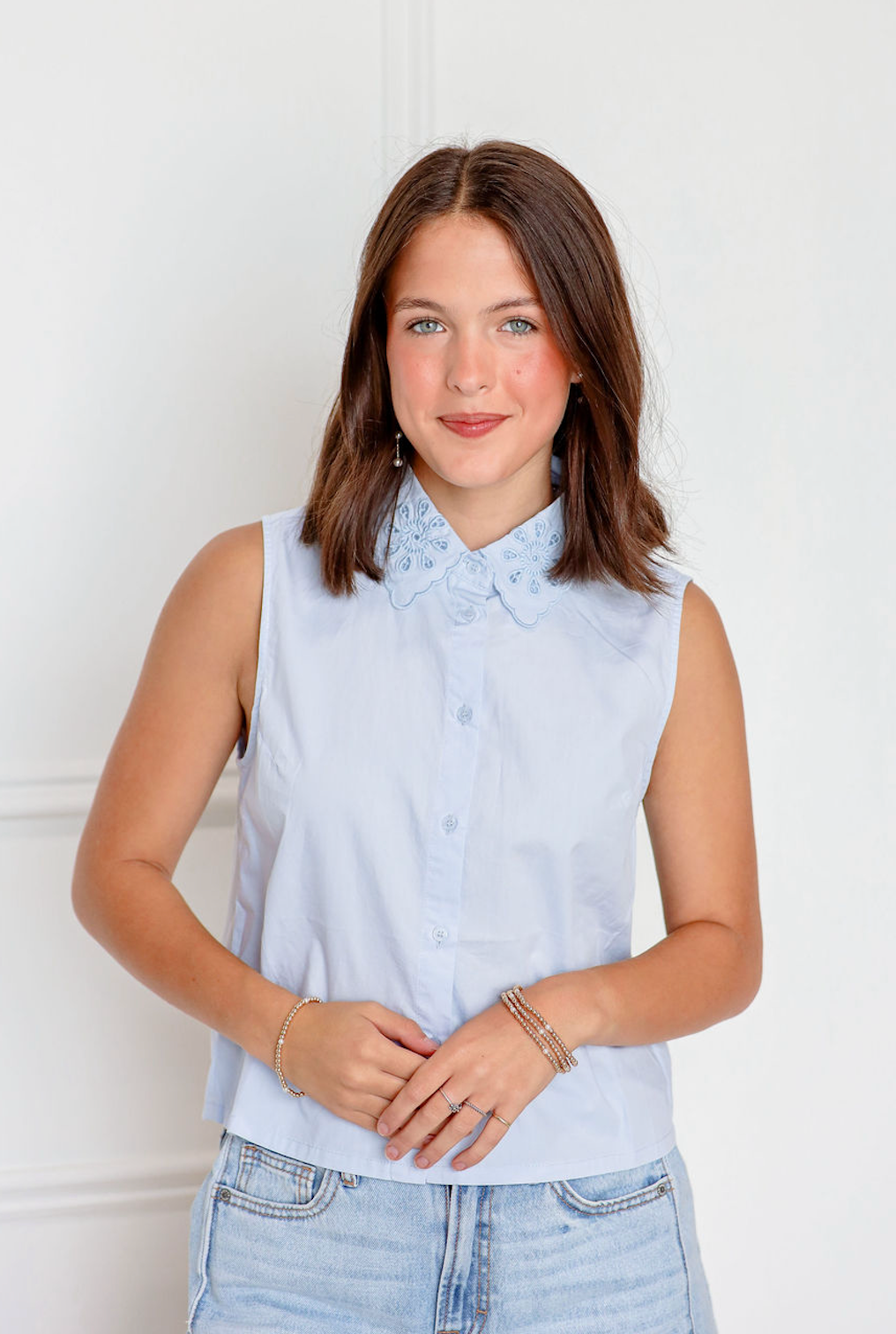 Embroidered Collar Top Blue