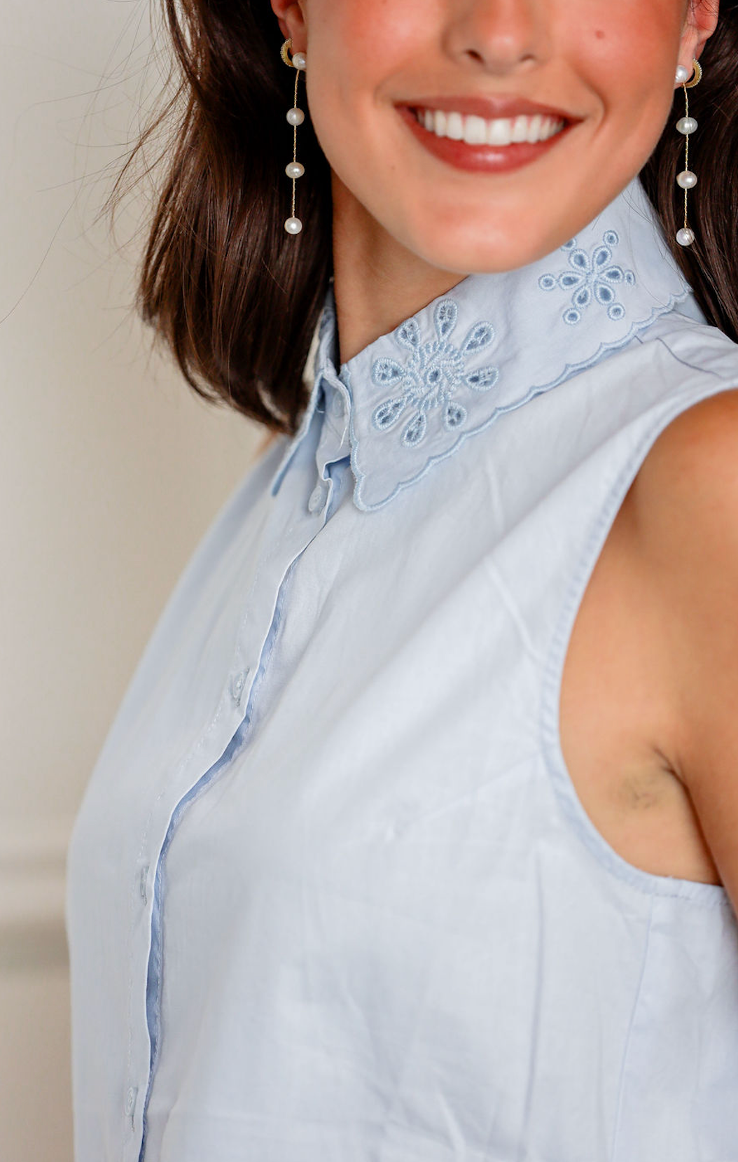 Embroidered Collar Top Blue