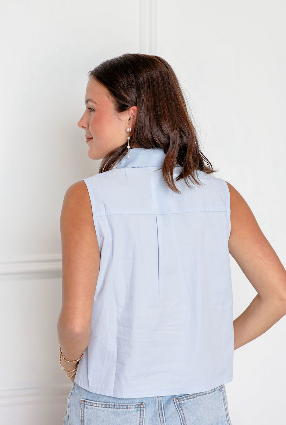 Embroidered Collar Top Blue