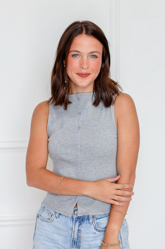 Ribbed Button Up Tank Grey