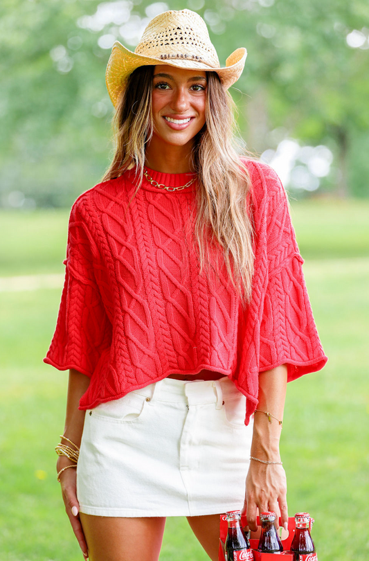 Cable Stitch Cotton Sweater Red