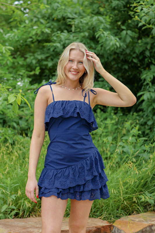 Navy Eyelet Ruffle Hem Dress