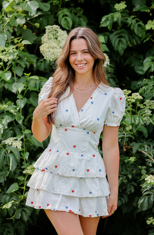 Star Embroidered Ruffle Romper Dress