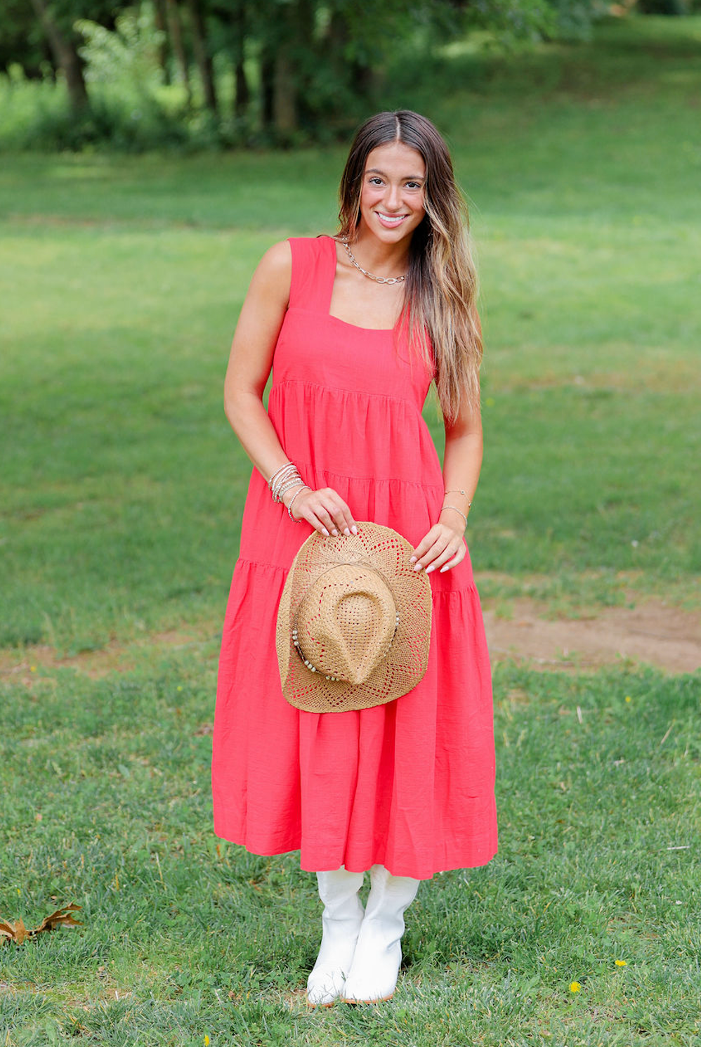 Tiered Smocking Midi Dress Red