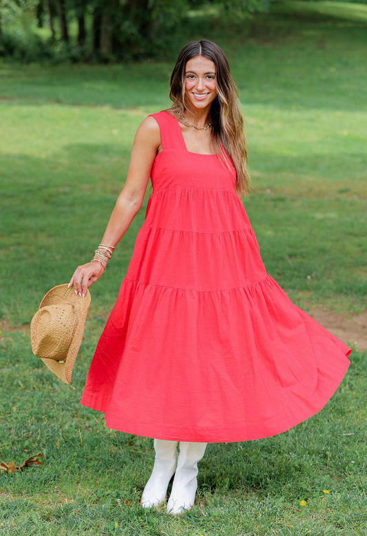 Tiered Smocking Midi Dress Red