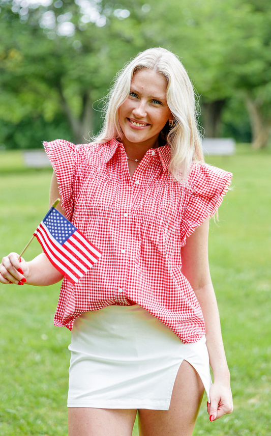 Red Gingham Button Down Top