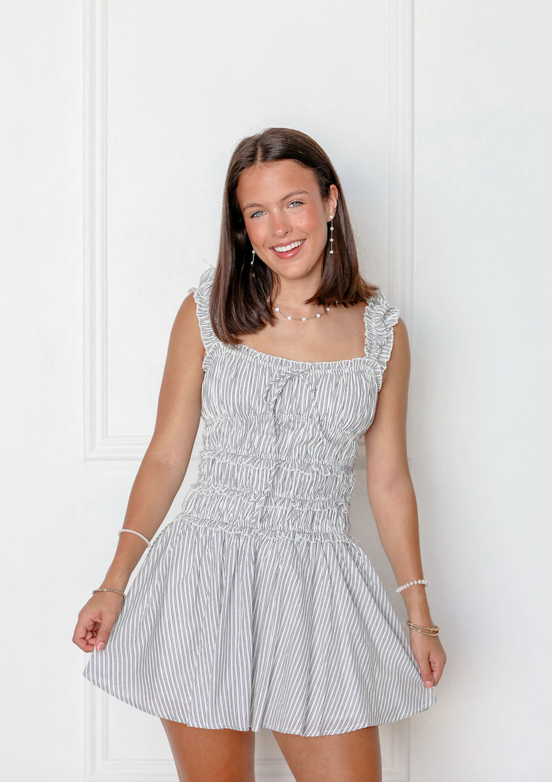 Pin Stripe Gathered Mini Dress