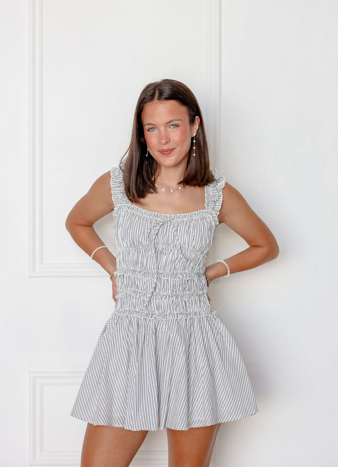 Pin Stripe Gathered Mini Dress