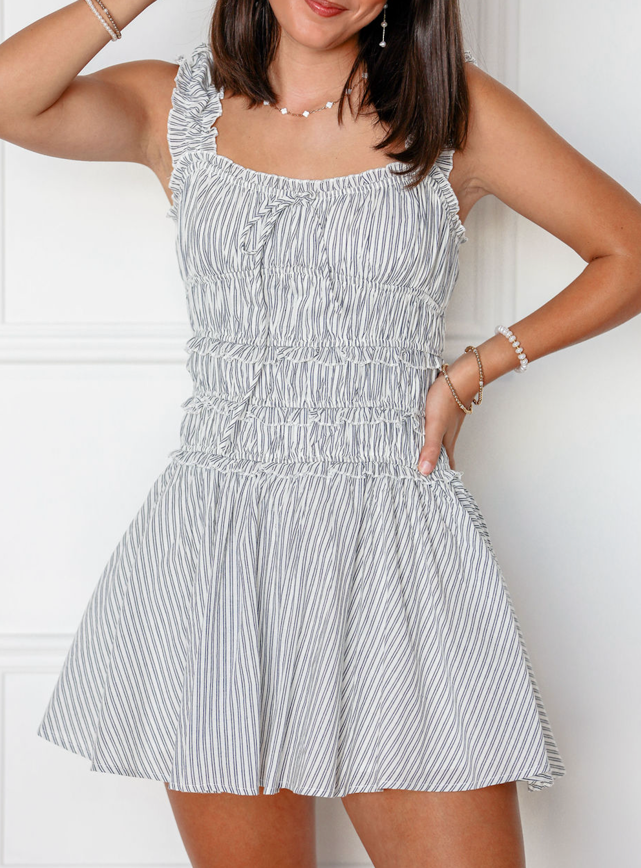 Pin Stripe Gathered Mini Dress