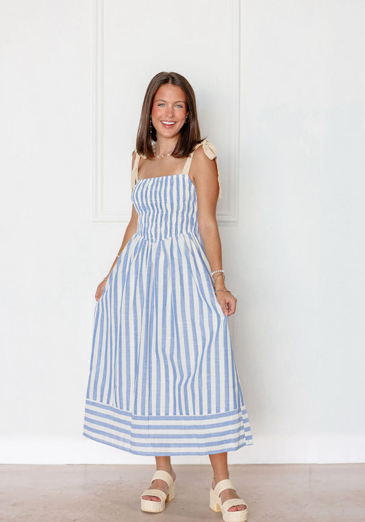 Blue Striped Tie Strap Midi Dress