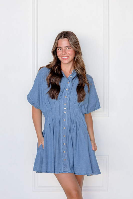 Chambray Denim Pleated Dress