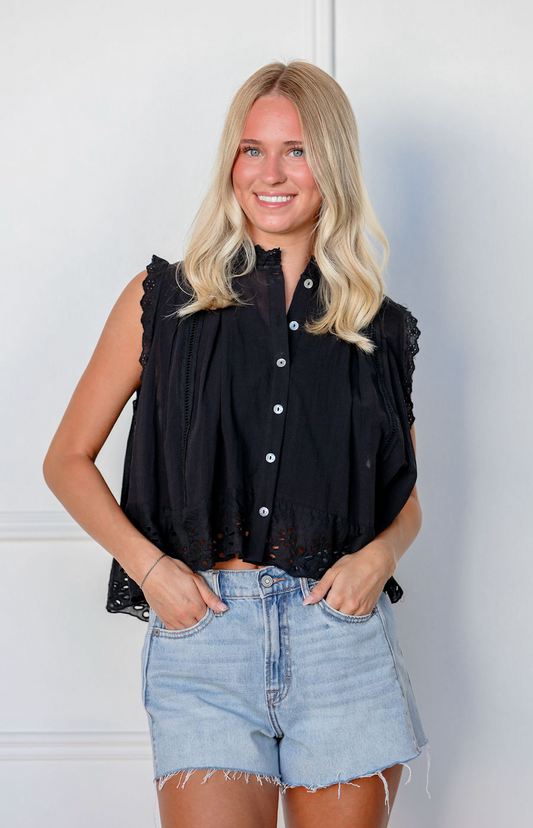 Eyelet Buttons Blouse Black