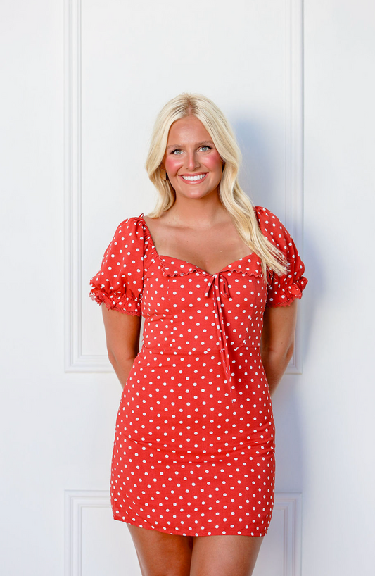 Red Short Sleeve Polka Dot Dress