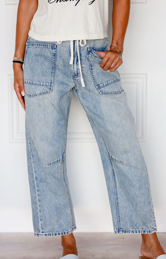 Denim Drawstring Barrel Jeans