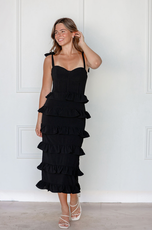 Black Ribbon Bustier Midi Dress