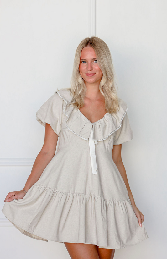 Linen Ruffle Collar Dress w/ Tie