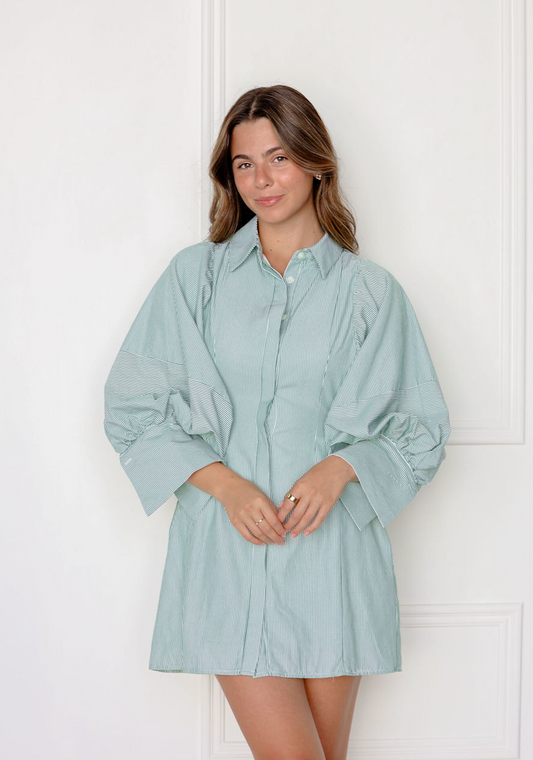 Big Sleeve Shirt Dress Green Stripe