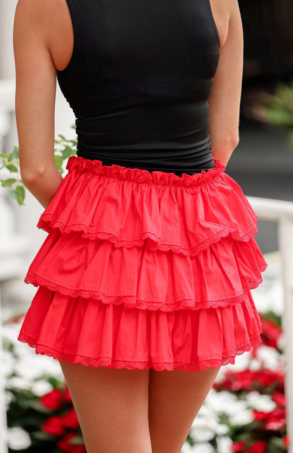 Lace Trim Ruffle Skort Red