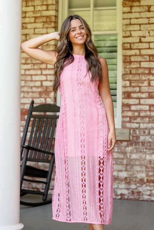 Pink Sheer Lace Midi Dress