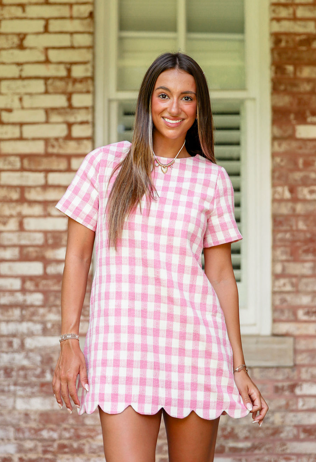 Pink Plaid Scallop Hem Dress