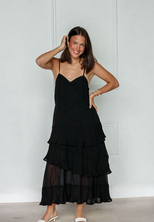 Asymmetrical Pleated Midi Dress Black