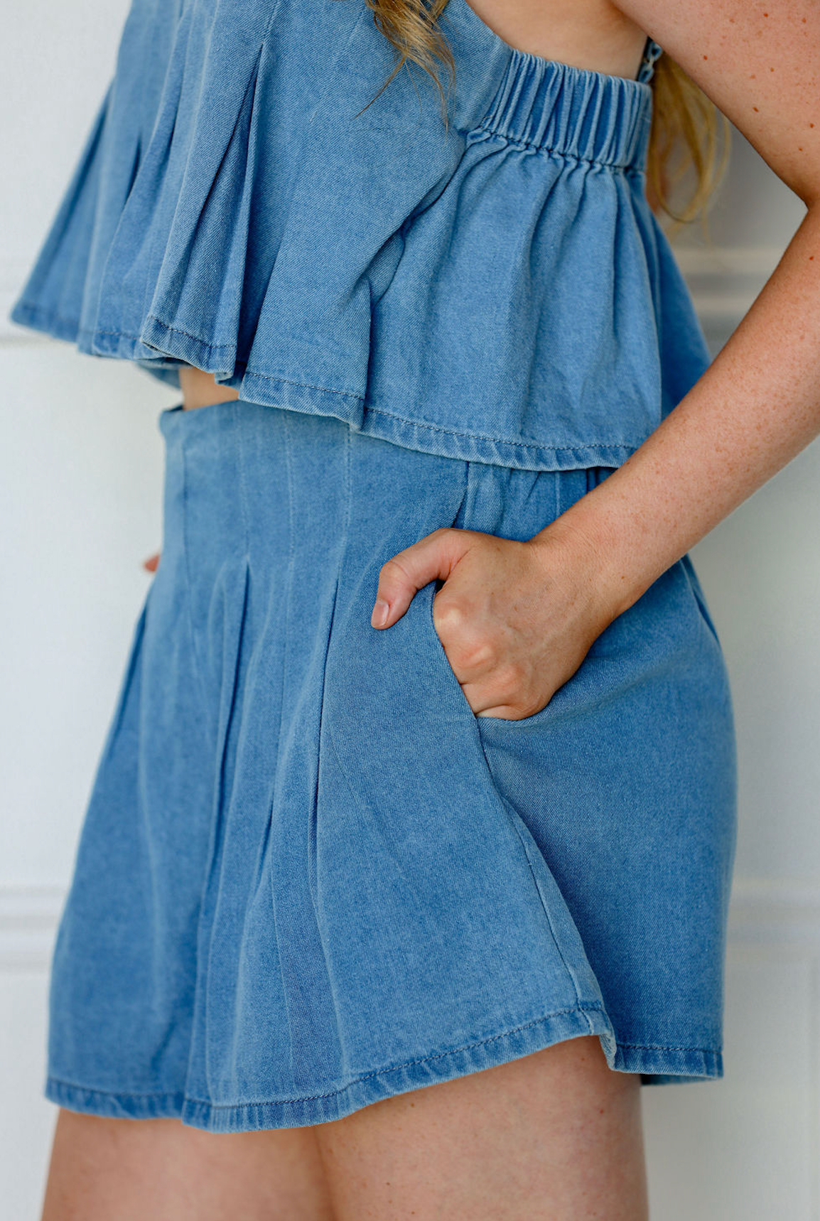 Denim Pleated Top & Skort Set of 2