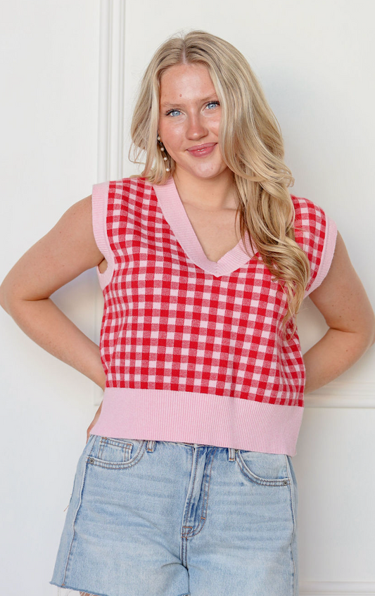 Gingham Sweater Vest Red