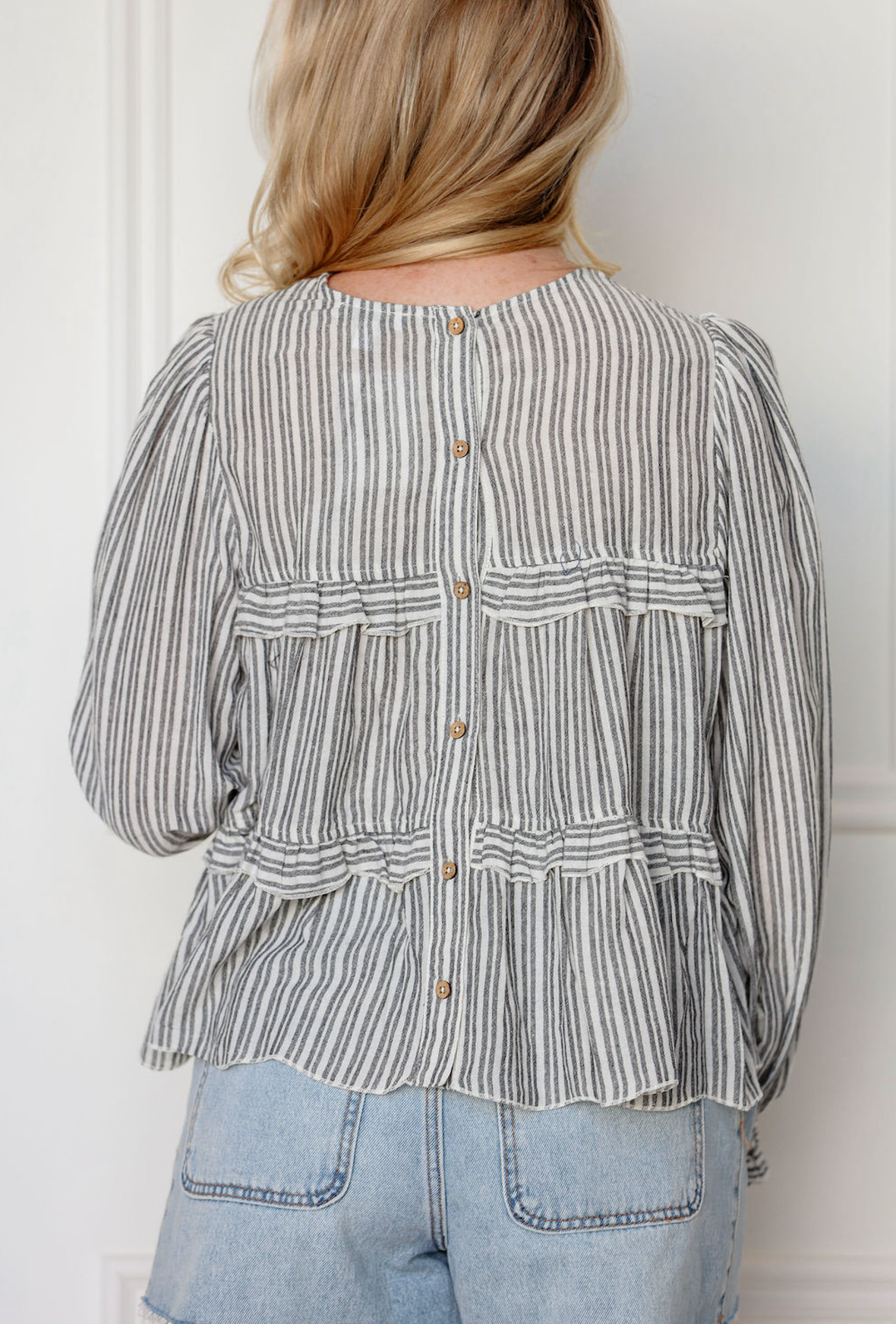 Stripe Ruffle Tier Blouse Black