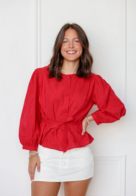 Eyelet Belted Shirt Red