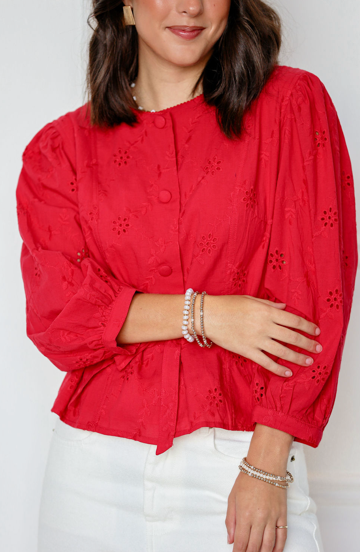 Eyelet Belted Shirt Red