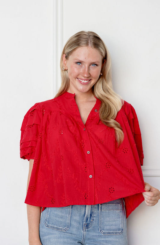 Eyelet Puff Sleeve Blouse Red