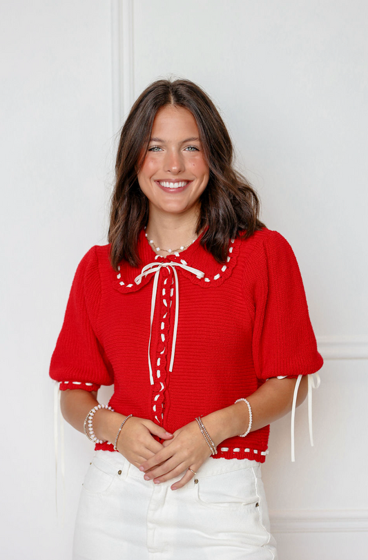 Lily Crochet Scallop Knit Top Red