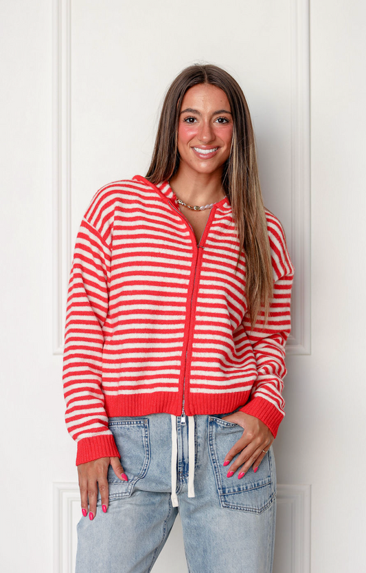 Oversized Stripe Zip Up Sweater Red