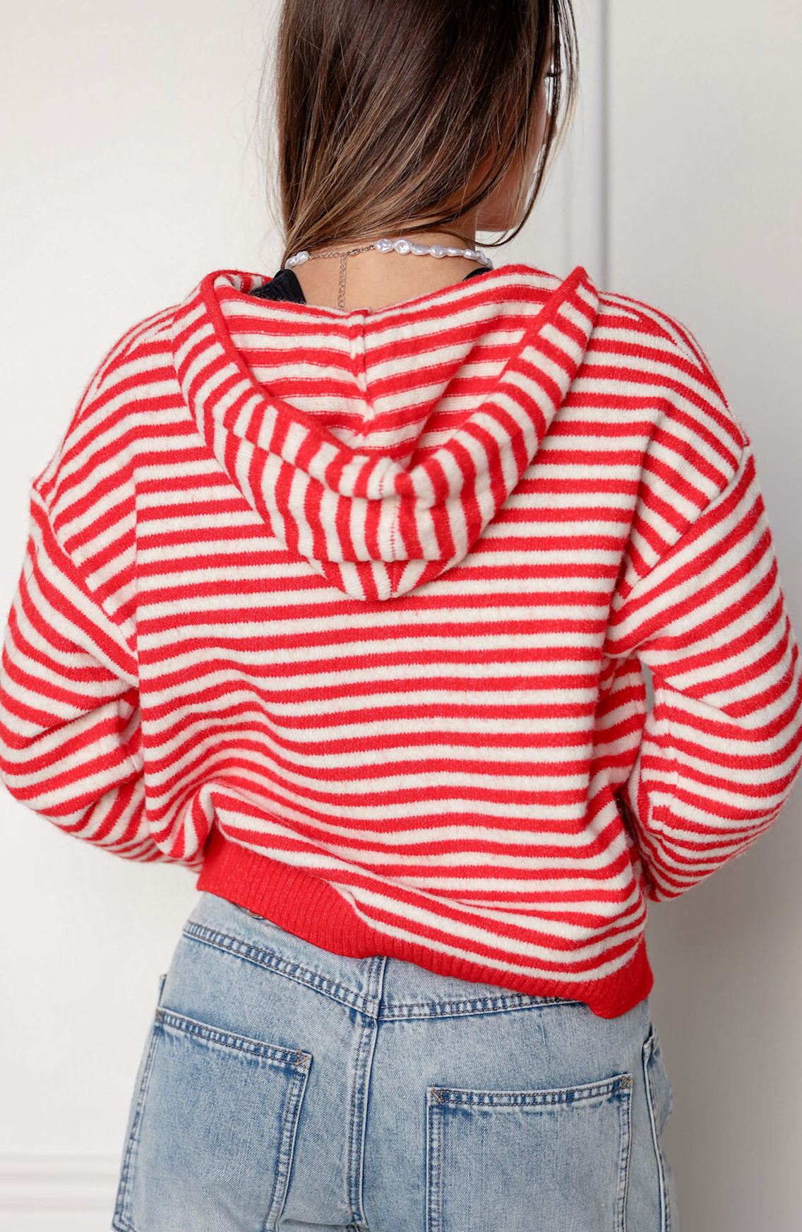 Oversized Stripe Zip Up Sweater Red