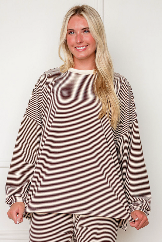 Striped Fleece Oversize Top Brown
