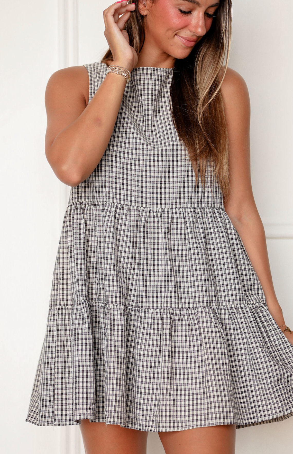 Black Plaid Boat Neck Dress